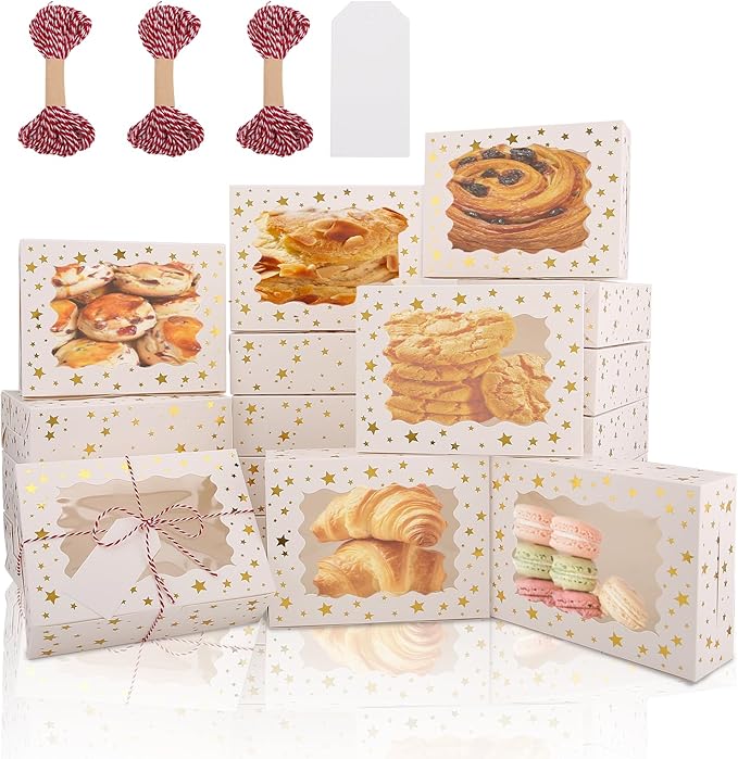 BEVOING 36 Pcs 8x6x2.5 Inches Christmas Cookie Boxes, White Bakery Boxes with Window Gold Foil Star 8 Inch Treat Boxes Pastry Pie Boxes for Chocolate Strawberries, Donuts, Cupcakes, Muffins and Dessert