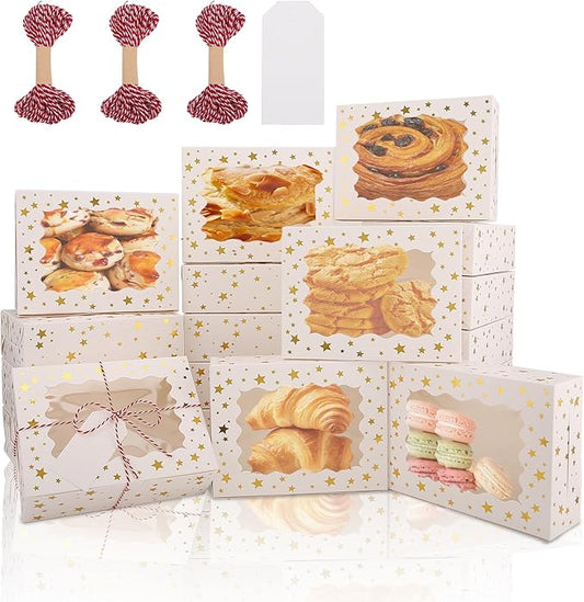 BEVOING 36 Pcs 8x6x2.5 Inches Christmas Cookie Boxes, White Bakery Boxes with Window Gold Foil Star 8 Inch Treat Boxes Pastry Pie Boxes for Chocolate Strawberries, Donuts, Cupcakes, Muffins and Dessert