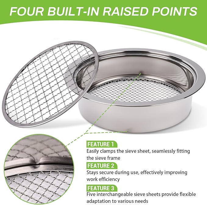 8PCS Soil Sifter Sieve Set - Rock Sifter, Sieve Fine Mesh Stainless Steel, Compost Sifter, with 1/3/6/9/12mm Sieve Mesh & Shovel & Gloves, Suitable for Screening Particulate Matter
