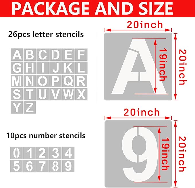 YEAJON 20 Inch Letter Stencils and Numbers, 36 Pcs Alphabet Art Craft Stencils, Reusable Plastic Templates for Wood, Wall, Fabric, Rock, Signage, DIY Art Projects (20 Inch)