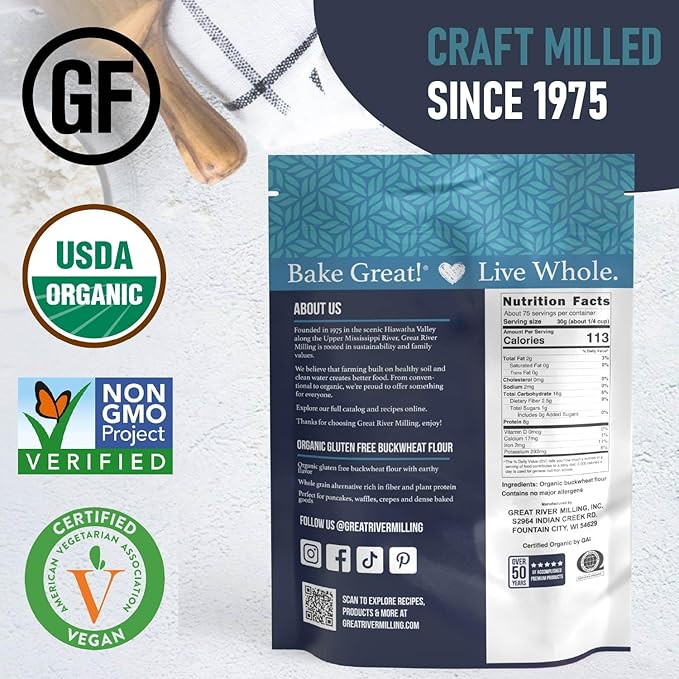 Great River Organic Milling Organic Buckwheat Flour | Gluten Free Flour Alternative | USDA Organic, Non-GMO, Kosher | Ideal for Crepes, Pancakes, Waffles, Baking & More | 5 Lb