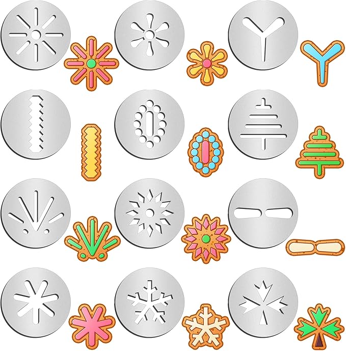 Nuenen 12 Pcs Christmas Cookie Press Set Cookie Press Discs Stainless Steel Stencils Metal Mold Disc for Baking Holiday Cakes Christmas Birthday Cake Decoration, 12 Style(Stylish)