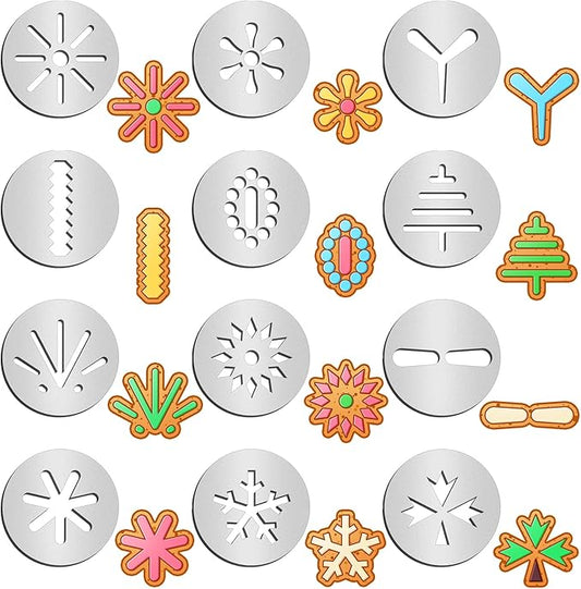 Nuenen 12 Pcs Christmas Cookie Press Set Cookie Press Discs Stainless Steel Stencils Metal Mold Disc for Baking Holiday Cakes Christmas Birthday Cake Decoration, 12 Style(Stylish)