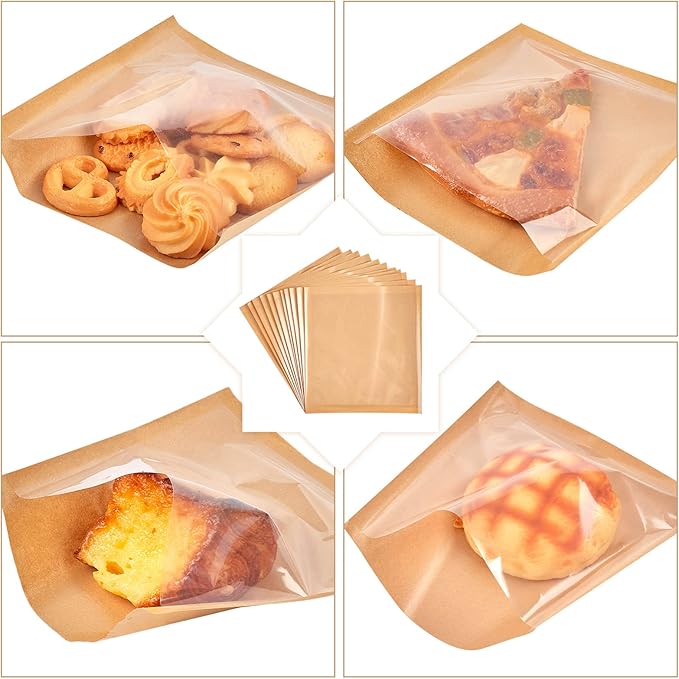 200 Pack Heat Sealable Bakery Bags with Window, Kraft Paper Grease Resistant To Go Cookie Bags for Packaging Donut, Pastries and other Treats (7.1 x 7.5 Inch)