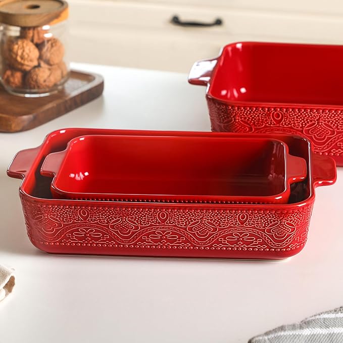 Ceramic Baking Dish Set of 3, Casserole Dishes for Oven, Ideal for Baking, Stewing, Roasting, and Holiday Feasts. The Gift for Mother's Day, Thanksgiving, Christmas, or Housewarming(Christmas Red）