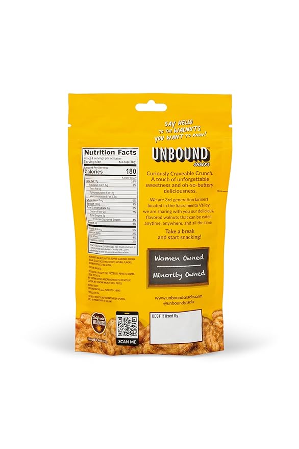Unbound Snacks Flavored Nuts - Butter Toffee Walnuts, 4 oz (Pack of 4) - Healthy Snacks, 4g Protein, 3g Sugar, High in Omega 3, Gluten Free, Vegan - Freshly Roasted & Seasoned Gourmet Walnut Halves