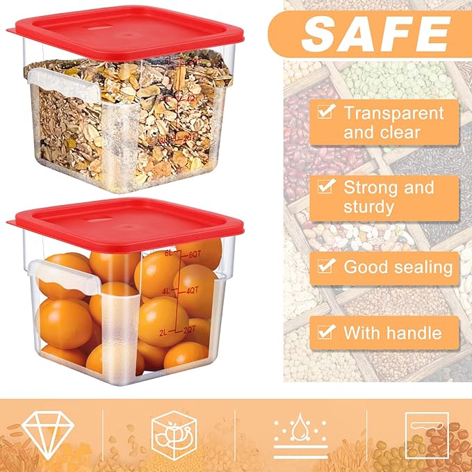 10 Sets 6 Qt Square Food Storage Containers with Lids Commercial Polycarbonate Containers Dough Proofing with Scale Clear Airtight Cereal for Pantry Home Restaurant