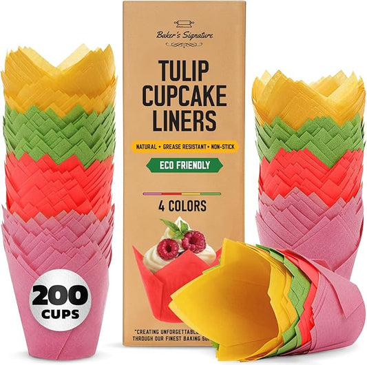 Tulip Cupcake Liners, Muffin Liners for Baking by Baker’s Signature – 200pcs of Parchment Paper Cups Cupcake Wrappers – Perfect Size, Sturdy, Greaseproof & Easy to Use – Colorful