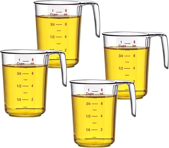 Amazing Abby - Melissa - 8-Ounce Plastic Measuring Cup (4-Pack), 1-Cup (1/4-Quart) Food-Grade Measuring Cup, Unbreakable, Stackable, Dishwasher-Safe, Great for Oil, Vinegar, Flour, and More