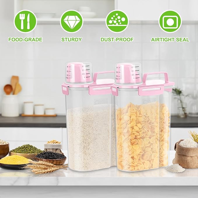 TBMax Rice Container 2 Pack 5 Lbs Cereal Container Storage, Kitchen Pantry Food Storage Holder with Cup, Small Pet Dog Cat Food Container -Pink