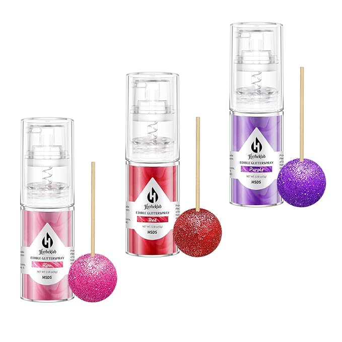 Edible Glitter Spray – 3 Colors Red, Pink, Purple Metallic Food Glitter for Cake, Cookies, Chocolate & Strawberry Decoration, 5g Each