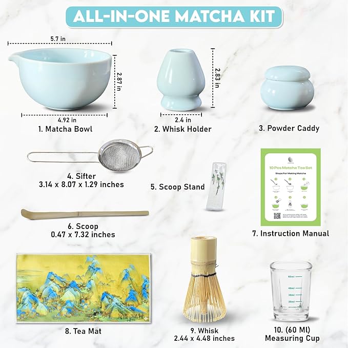 10 Pcs Matcha Kit Set, Ceramic Matcha Set Includes 17oz Matcha Bowl, Bamboo Whisk and Scoop, Whisk Holder, Sifter, Scoop holder, Measuring Cup, Powder Caddy, Tea Towel and Instruction Manual (Blue)