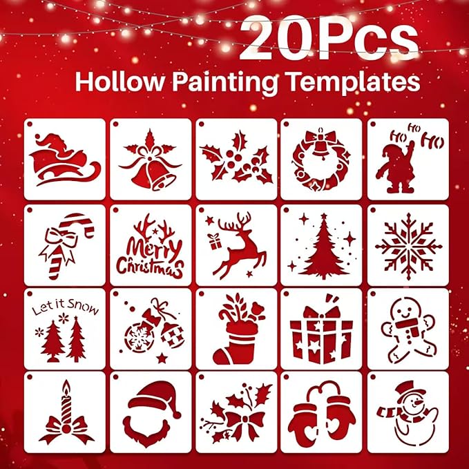 20 Pcs Small Christmas Stencils for Crafts Reusable 3x3 inch Christmas Stencils for Painting on Wood Fabric Paper Windows Cards Xmas Crafts Ornaments Wall Door Decoration (Christmas 0120)