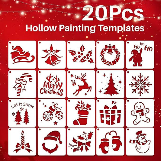 20 Pcs Small Christmas Stencils for Crafts Reusable 3x3 inch Christmas Stencils for Painting on Wood Fabric Paper Windows Cards Xmas Crafts Ornaments Wall Door Decoration (Christmas 0120)