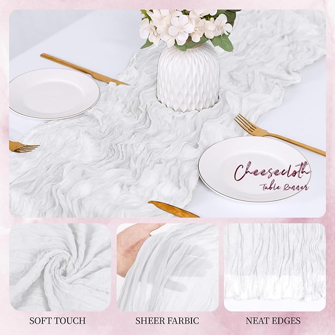 6 Pack White Cheesecloth Table Runner 17x108 Inch Semi Sheer Boho Gauze Cheese Cloth Fabric Table Runners, for Wedding Party Baby Shower Birthday Home Decor Garden Farmhouse