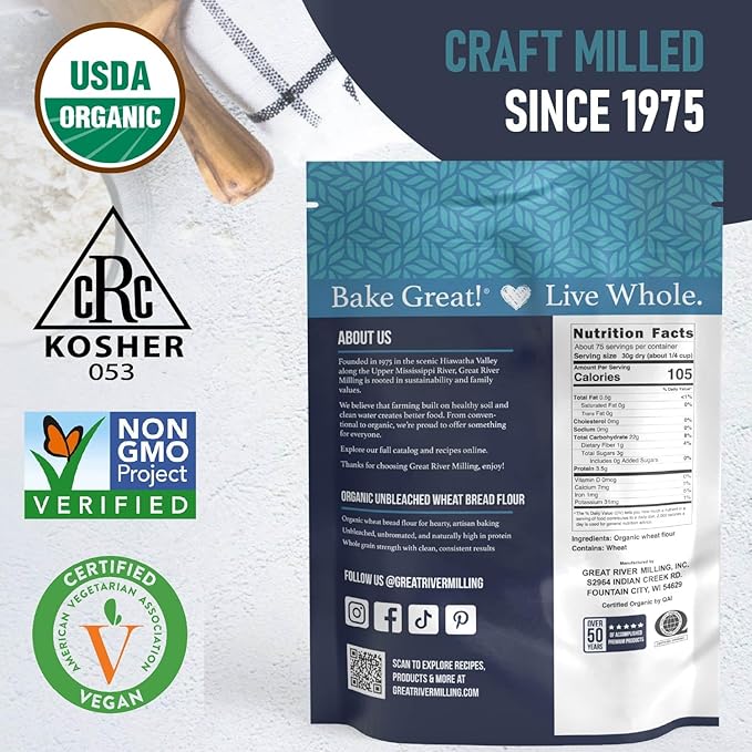 Great River Milling Organic Unbleached Wheat Bread Flour | Artisan Bread Flour for Baking | Multi-Purpose Wheat, Unbromated, Non-GMO, Kosher | 5 Lb