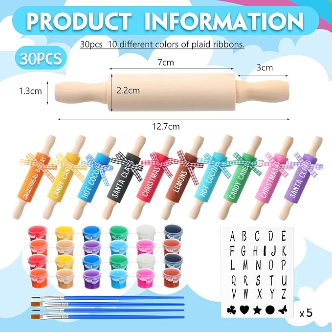 30 Pack Wooden Mini Rolling Pin Craft Kits, 5 Inches Long Small Wooden Rollers with Plaid Ribbon Paint Brush and Template Cards for Christmas Tray Decorations, Art Crafts, Cookie Dough, Clay, Kitchen