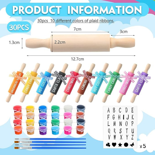 30 Pack Wooden Mini Rolling Pin Craft Kits, 5 Inches Long Small Wooden Rollers with Plaid Ribbon Paint Brush and Template Cards for Christmas Tray Decorations, Art Crafts, Cookie Dough, Clay, Kitchen