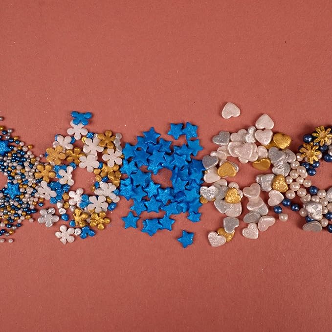 Confect Christmas Sprinkles | Blue, White, Gold & Silver Mix | Edible Pearl, Star & Heart Shaped Sprinkles | Holiday Cake & Cupcake Decorations- 5 Oz