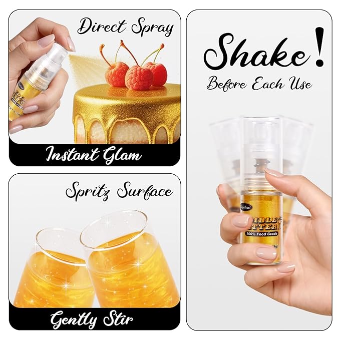 Gold Edible Glitter Spray 5g, Shimmer Edible Glitter for Cocktails, Food Grade Luster Dust for Beverages & Cake Decorating, Drinks, Baking, Chocolate