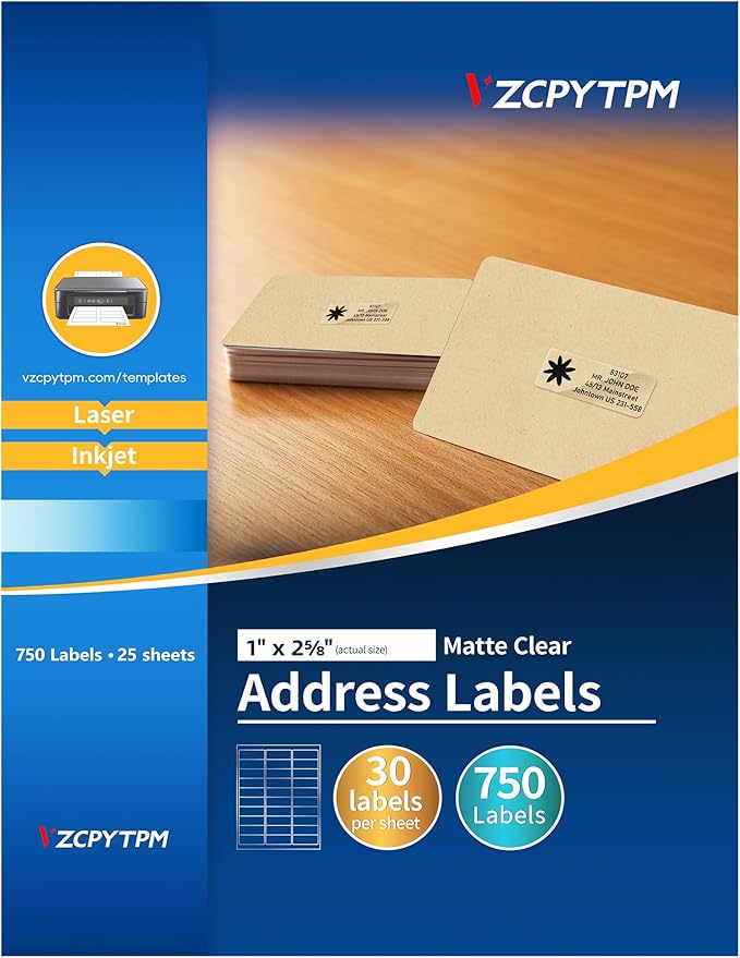 Waterproof Printable Address Labels,1" x 2-5/8" Matte Clear Mailing Labels for Printer,750 Total,Envelopes,Shipping,Packaging,Home or Office Use
