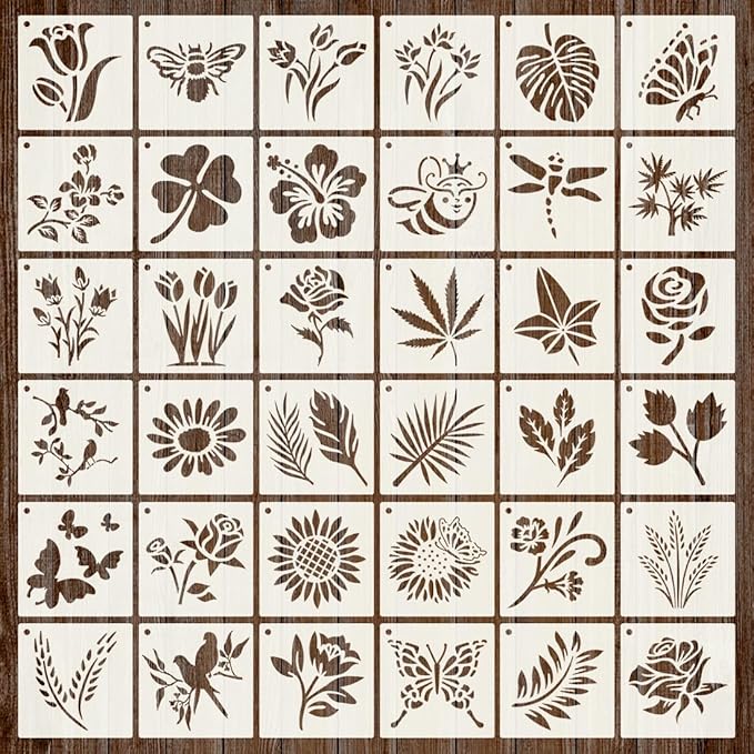 36Pcs Stencils for Painting, 3 Inch Reusable Small Stencil Flower Plant Animal DIY Craft for Rock, Walls, Canvas, Drawing, Art Scrapbook Home Decor.