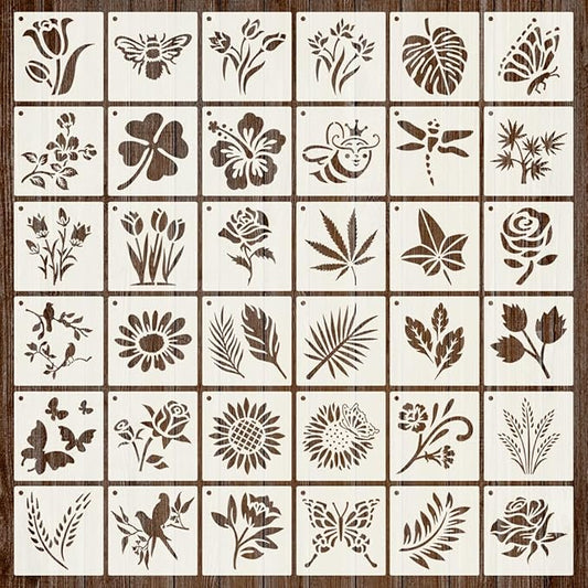 36Pcs Stencils for Painting, 3 Inch Reusable Small Stencil Flower Plant Animal DIY Craft for Rock, Walls, Canvas, Drawing, Art Scrapbook Home Decor.