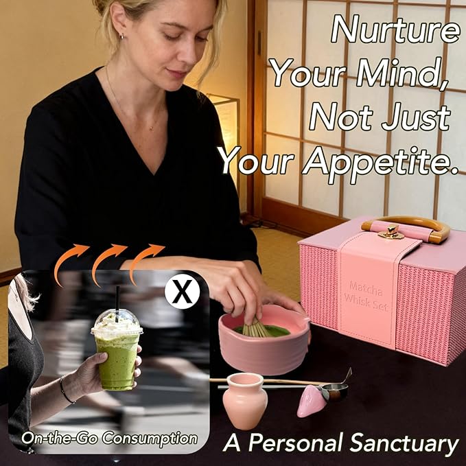 8Pcs Matcha Whisk Set, Matcha Set Includes Ceramic Matcha Bowl, Whisk and Holder, Bamboo Scoop, Scoop Rest, Sifter, Measuring Spoons and Tea Towel Tea Kit Gift Set for Women (Pink)