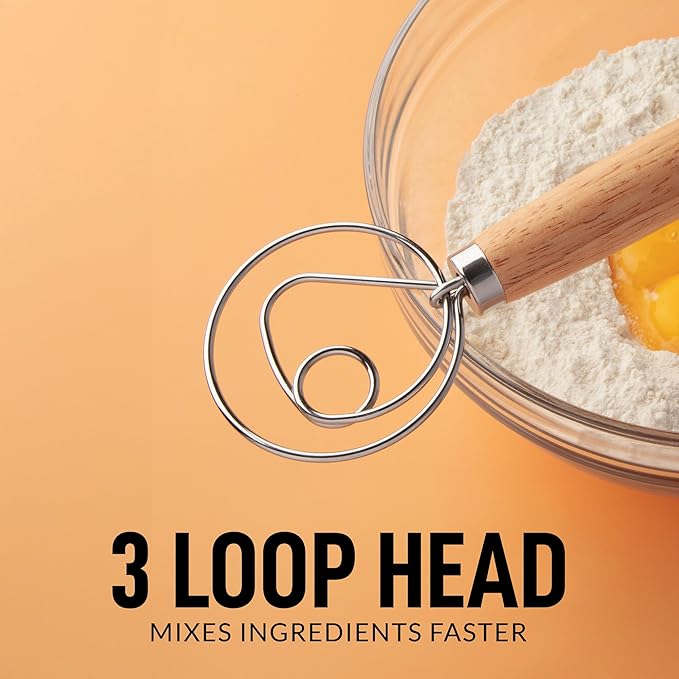 Zulay Kitchen 13-Inch Danish Dough Whisk - Wooden Danish Whisk for Dough with Stainless Steel Dough Hook - Traditional Dutch Whisk - Bread Whisk for Sourdough, Pizza, Pastry, Cake Batter - 2 Pack