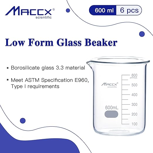 20.3oz(600ml) Sturdy Glass Beaker, 3.3 Borosilicate Griffin Low Form with Printed Graduation, Pack of 6, BKL600-006