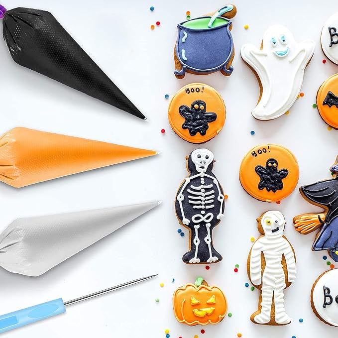 Patelai 122 Pcs Piping Bag Set with Disposable Tipless Piping Pastry Bags Ties Clips Awls Tool for Cakes Icing Scribe Cookie Decorating Supplies Christmas Halloween Decor(14 Inch,Blue)