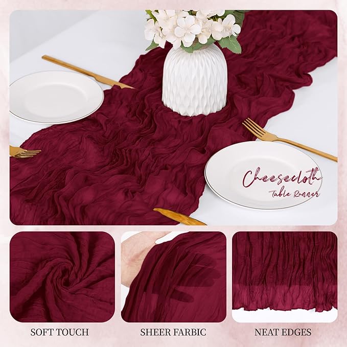 12 Pack Burgundy Cheesecloth Table Runner 17x108 Inch Semi Sheer Boho Gauze Cheese Cloth Fabric Table Runners, for Wedding Party Baby Shower Birthday Home Decor Garden Farmhouse