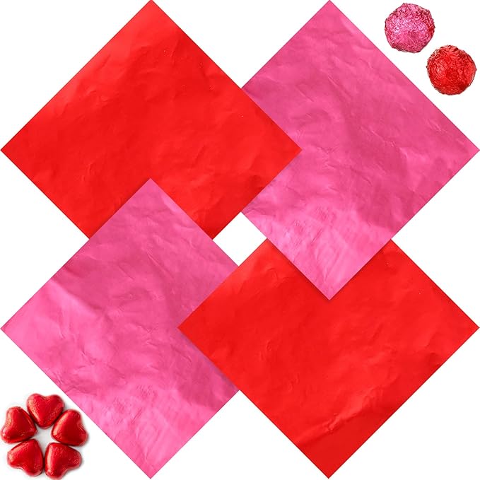400 Sheets Christmas Foil Chocolate Candy Wrappers Aluminum Tin Foil Wrapping Paper for Packaging Decoration Red Green Wrappers DIY Baking Homemade Food Party Favors 6 x 6 Inches(Red, Pink)
