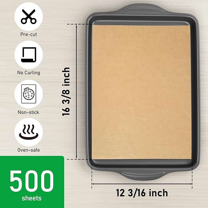 EcoDispose Non-Stick Precut Parchment Paper Baking Sheets Full Pan liner for Bake (12-3/16" x 16-3/8",Unbleached,500,PCS)