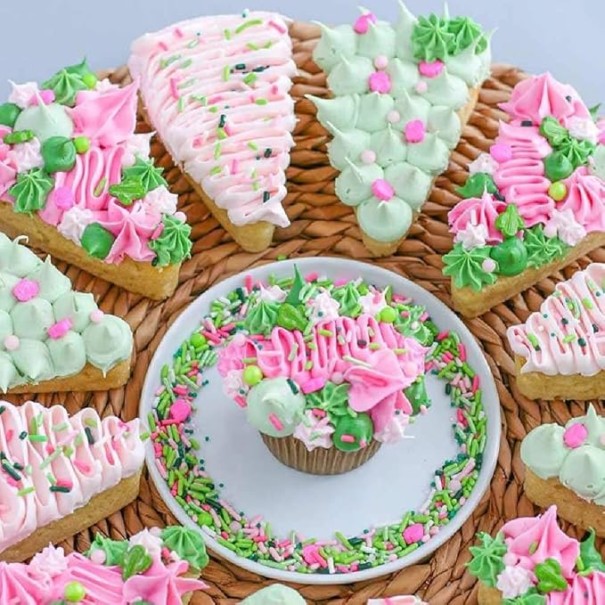 Fancy Edible Sprinkles for Cake, Cookie, Cupcake Decorating, and Baking - Baby Shower Cake Sprinkles and Toppings in Light Pink Jimmies, Green Nonpareils, Pink Rose and Green Cactus Candy