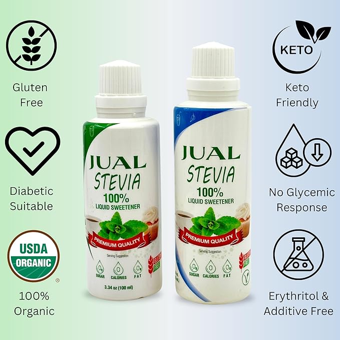 JUAL Natural Liquid Stevia Sweetener with Sucralose – 4.22 Fl Oz – Zero Calorie, Sugar-Free, Low Carb – Stevia Drops for Coffee, Tea & Baking