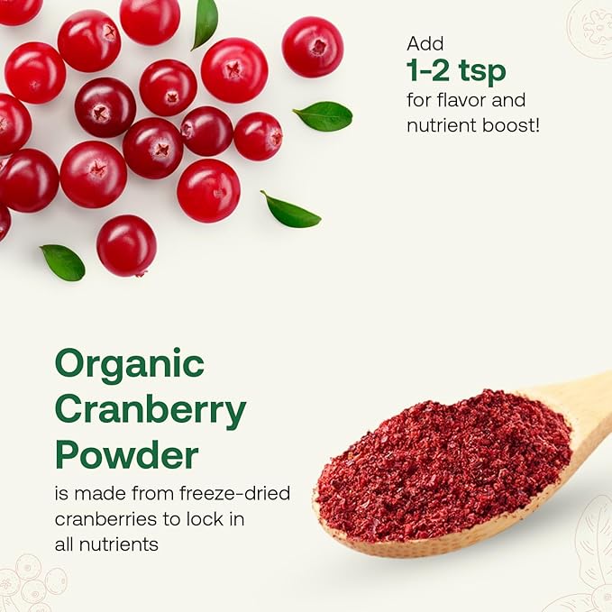 Quay Naturals Organic Cranberry Juice Powder, 4oz | Made from US-Sourced Cranberries | USDA Organic, Freeze-Dried, Non-GMO, No Additives | For Smoothies & Baking