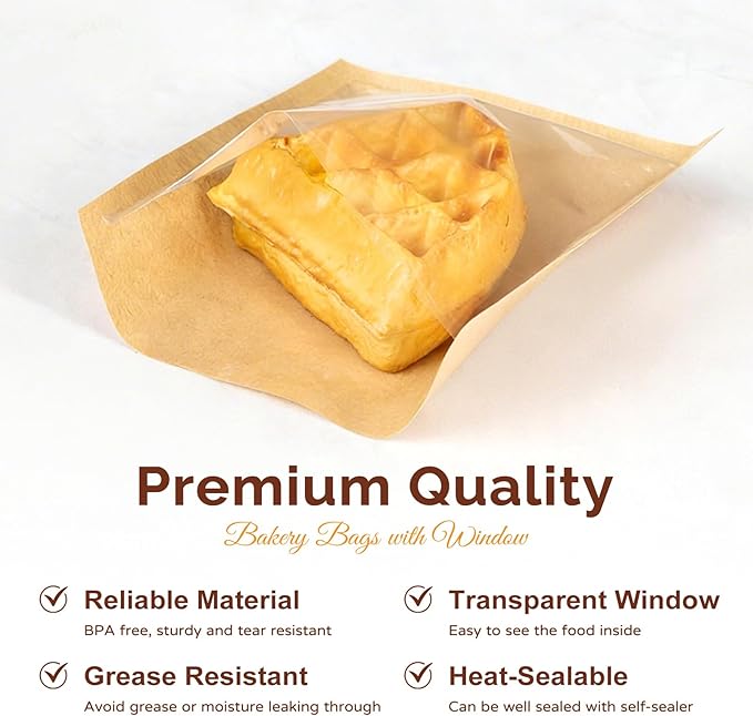 Ocmoiy 200 Pcs Cookie Packaging Bags with Seal, 5.7x6.5 Inch Paper Bakery Bags with Window, Heat-Sealable & Grease-Resistant Bake Sale Sleeves for Treat, Donut, Scone, Brownie, Cake Slice