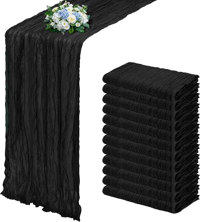 12 Pack Black Cheesecloth Table Runner 17x108 Inch Semi Sheer Boho Gauze Cheese Cloth Fabric Table Runners, for Wedding Party Baby Shower Birthday Home Decor Garden Farmhouse