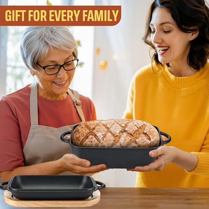 2 in 1 Cast Iron Bread Loaf Pan with Lid and Oak Serving Board, 14 x 7 Inch Covered Baking Set for Homemade Bread, Meatloaf, Ideal Gift for Home Cooks, Bakers, Family, Cooking Enthusiasts