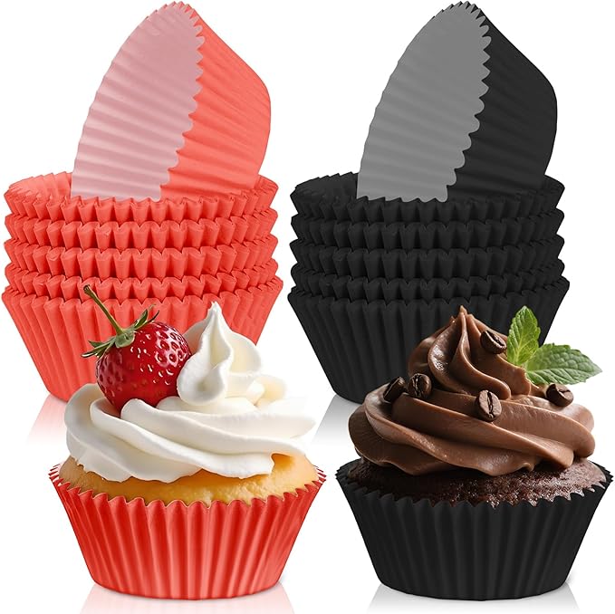 200PCS Red and Black Cupcake Liners Mini Muffin Baking Cups Wrappers for Gothic Birthday Party Supplies Disposable Cupcake Papers for Red Black Casino Theme Party Decorations