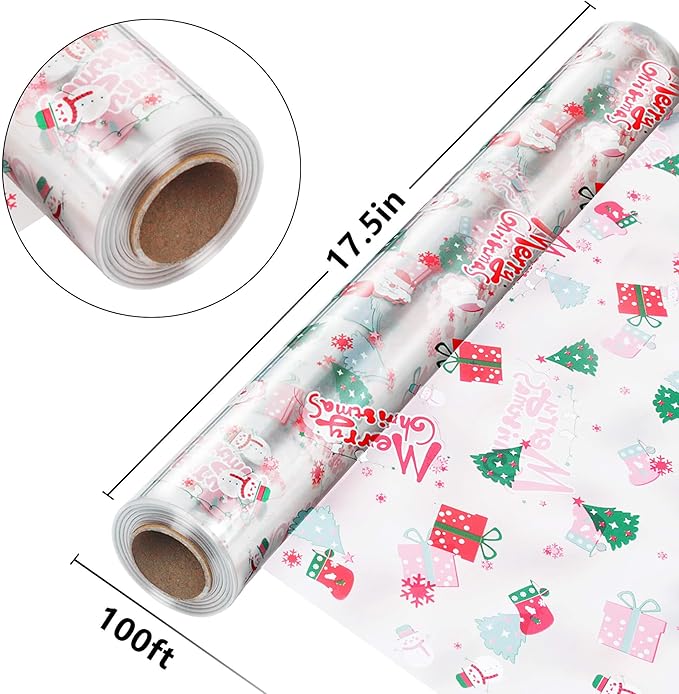 JOYIT 100' Long X 17.5” Wide Christmas Cellophane Wrap Roll - 3 Mil Thicker Cellophane Roll, Crystal Clear Merry Christmas Cellophane for Gift Baskets, Flower Arts Crafts Food Treats Wrapping