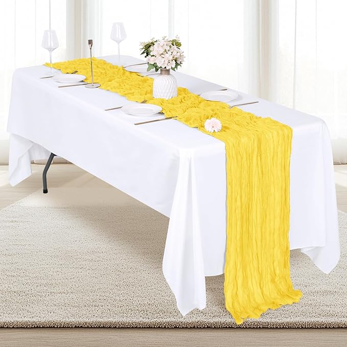 12 Pack Lemon Yellow Cheesecloth Table Runner 17x108 Inch Semi Sheer Boho Gauze Cheese Cloth Fabric Table Runners, for Wedding Party Baby Shower Birthday Home Decor Garden Farmhouse