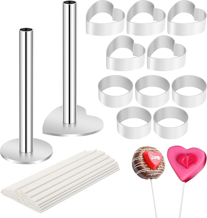 12 Pack Stainless Steel Cake Pop Mold Set with Pusher Circle and Heart Shapes Press Cake Pop Cutter Set with 100pcs Lollipop Sticks | Reusable Baking Tools for Home, Party, Birthday Desserts