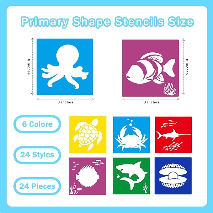24 Pieces Stencils,Large Drawing Stencils Chalk Template,8 Inches Washable Shape Template Kit for Crafts,Painting Drawing(Ocean, 8 inch)