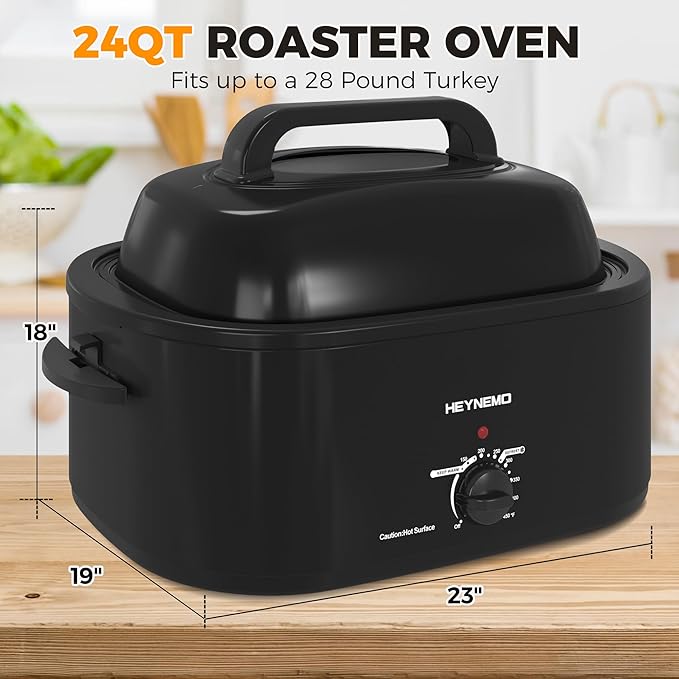 HEYNEMO Roaster Oven 24Qt, 1450W Electric Turkey Roaster Oven Buffet with Self-Basting Lid, Cool-Touch Handles, Removable Pan and Rack, Stainless Steel, Black