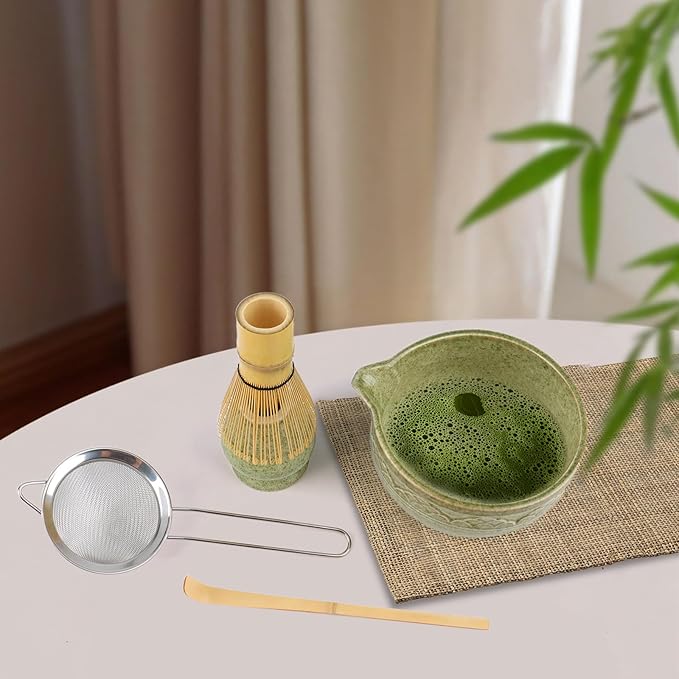 Japanese Matcha Whisk Set, 5-Piece Ceramic Bamboo Whisk Kit, Chawan Bowl 560ml/18.9oz | Complete Set for Traditional Matcha Making at Home, Ideal Gift for Tea Lovers (Green)