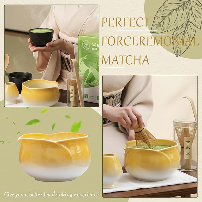 8 Pcs Matcha Whisk Set Chasen Matcha Whisk Bamboo Bowl with Spout Sifter Spoon Scoop Whisk Holder Bamboo Mat Complete Matcha Making Kit (Yellow Petal)