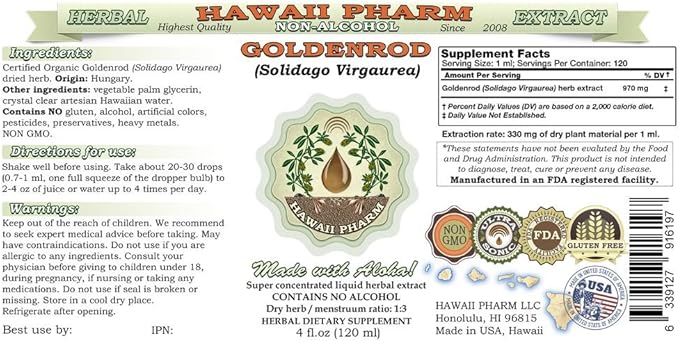 Goldenrod Alcohol-Free Liquid Extract, Organic Goldenrod (Solidago virgaurea L.) Dried Herb Glycerite 2 oz