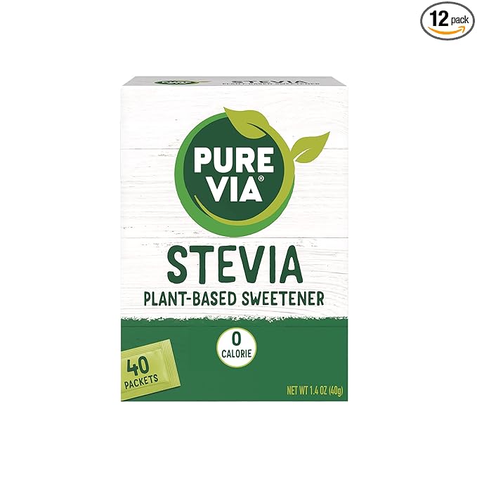 PURE VIA Stevia Sweetener Packets, Sugar Substitute, Natural Sweetener, No Erythritol, Zero Calorie Natural Sweetener Packets, 40 Count (Pack of 12)